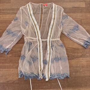 Resort white gold and blue trim sheer open back rope tassel tie blouse sz M
 b42